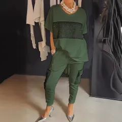 Plus Size Women's Casual Summer Temperament Leisure Short Sleeve Top And Trousers Suit - Green - View 1