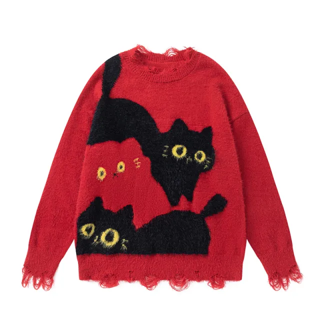 American Retro Plush Cat Ripped Tassel Design Sweater Red - Shop at LoveMi