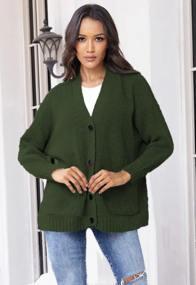 V neck Loose Button Pocket Cardigan Cross border Sweater Army Green - Shop at LoveMi