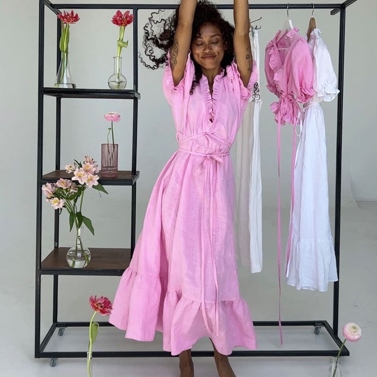 Summer Short Sleeve V-neck Lace-up Design Sense Temperament Leisure Long Dress