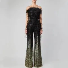 Ostrich Feather Gradient Sequin Tube Top Jumpsuit - Gradient Colour - View 1