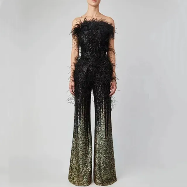 Ostrich Feather Gradient Sequin Tube Top Jumpsuit Gradient Color - Shop at LoveMi