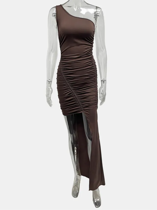 Elegant Asymmetrical Off shoulder Dress With A Slanted Neckline Brown - Shop at LoveMi