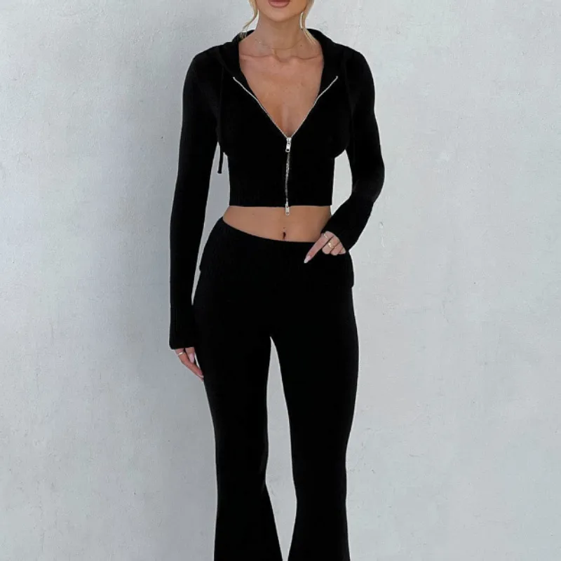 Women's Solid Color Slim Fit Short Hood Top Casual Pants Suit - Black