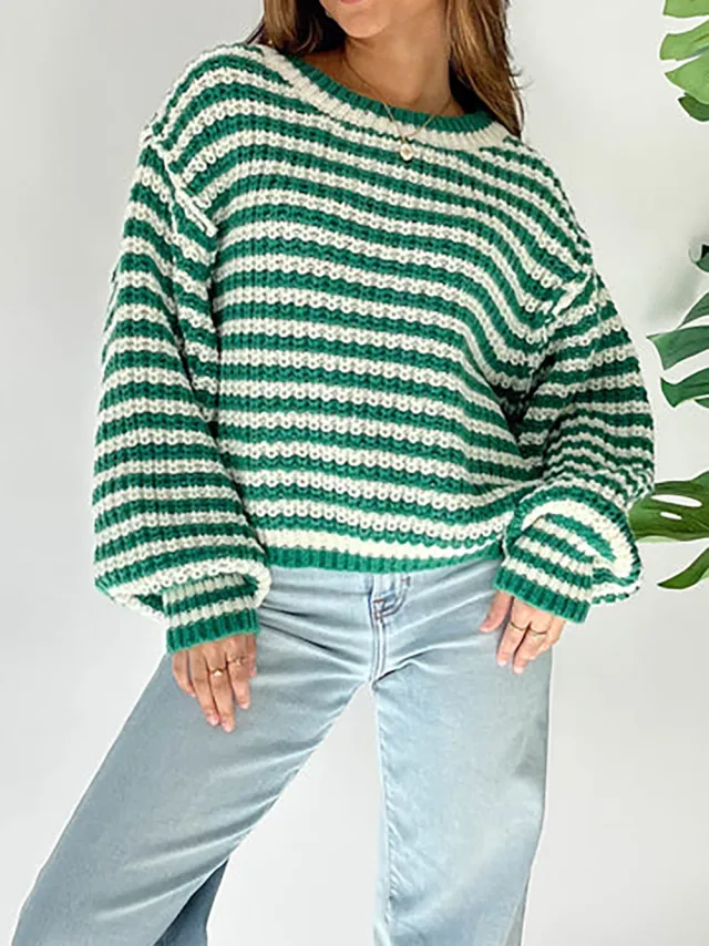 Vintage Stripe Knitted Round Neck Outerwear Loose Contrast Color Sweater Green - Shop at LoveMi