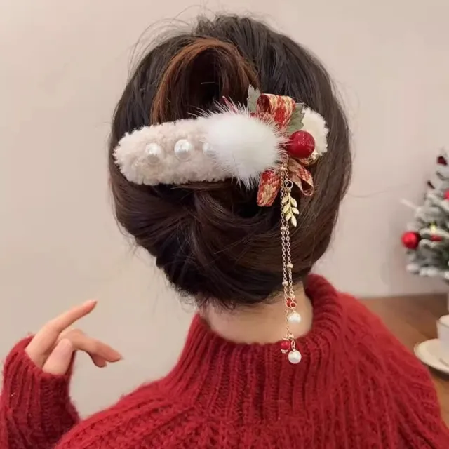 Christmas Plush Female Bow Barrettes Red Plaid Bell Large Duck Clip - Shop at LoveMi