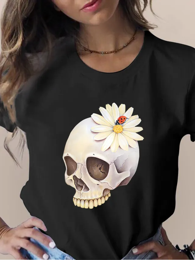 Women's Skull Flower Printed Round Neck Short Sleeve T shirt Black 4059 - Shop at LoveMi