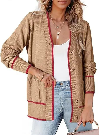 Women's Knitted Button Coat Color Matching Sweater Khaki - Shop at LoveMi