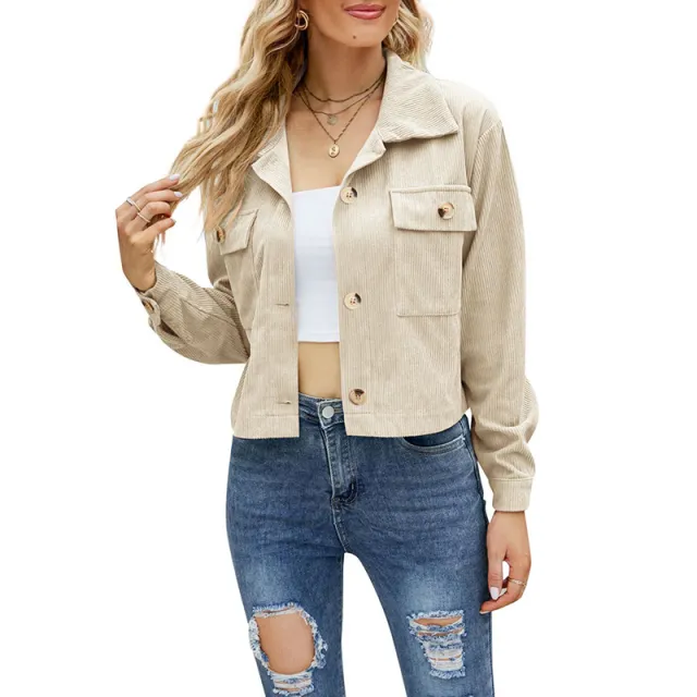 Women's Casual Long sleeved Short Coat Corduroy Shirt Apricot - Shop at LoveMi