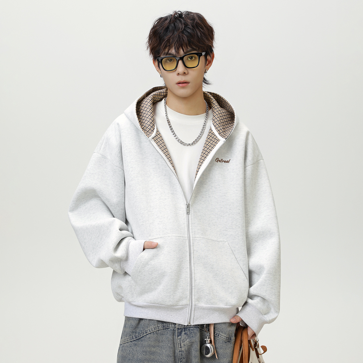 $23.09 Houndstooth Contrast Color Inner Hooded Sweater Men's Autumn