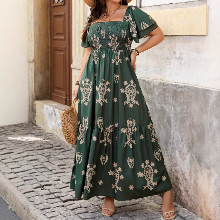 Square neck Cross border Retro Short sleeve Mid length Loose Women's Dress Green - Shop at LoveMi