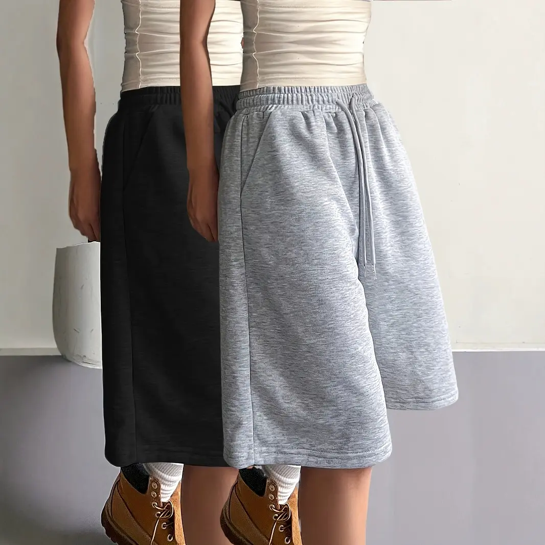 Womens Solid-Color Loose Wide-Leg Drawstring Sports Shorts
