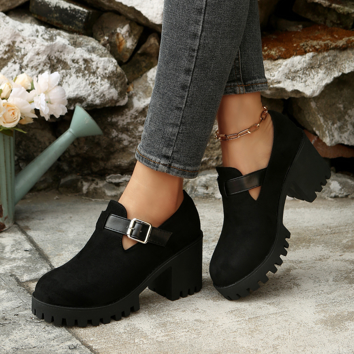 Womens Chunky Thick-soled Suede High Heels