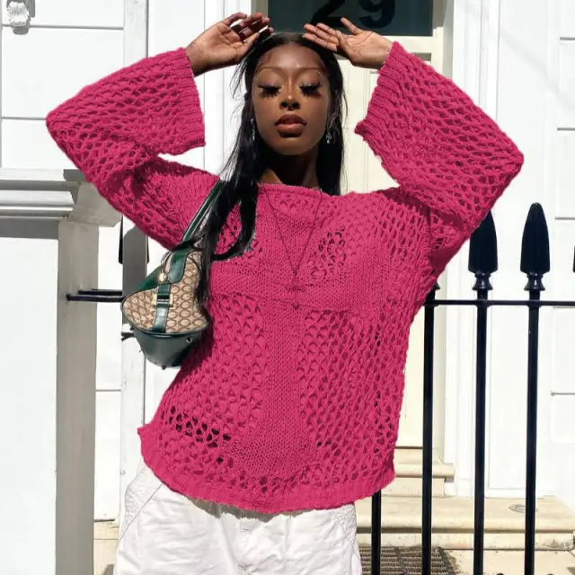 Women's Fashion Round Neck Hollow Knitted Sweater Rose Red - Shop at LoveMi