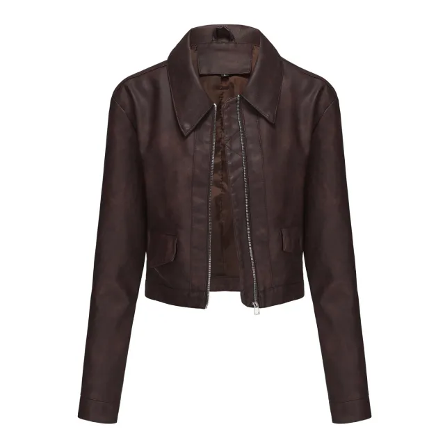 Women's Long sleeved Fashionable Faux Leather Jacket Reddish Brown - Shop at LoveMi