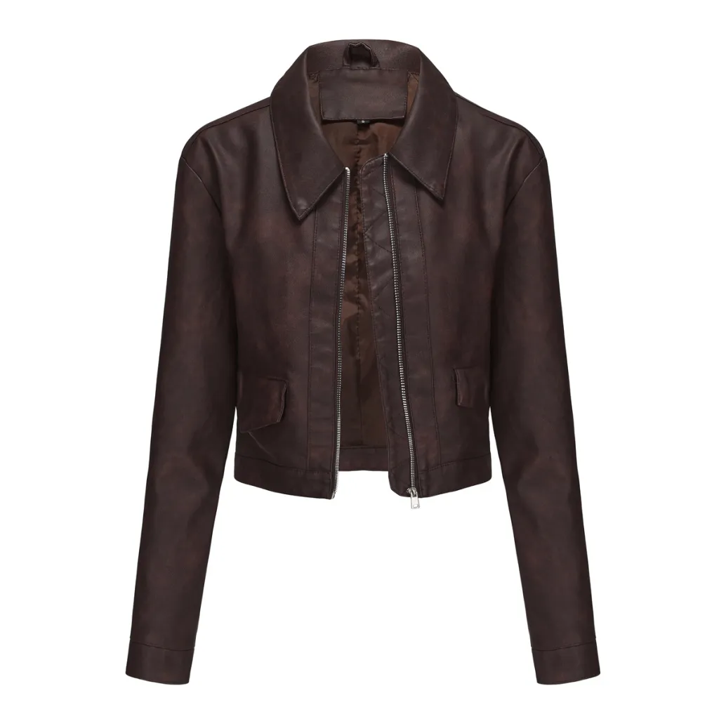 Women's Long-sleeved Fashionable Faux Leather Jacket - Reddish Brown