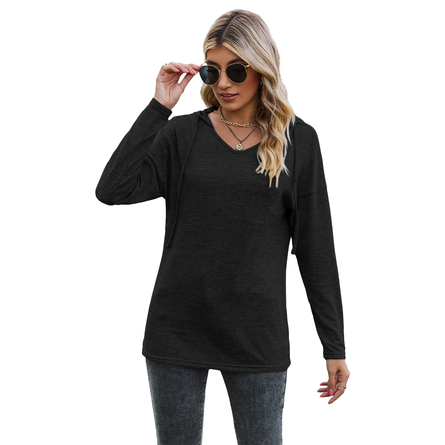 Solid Color And V-neck Hooded Long-sleeved Casual Bottoming T-shirt