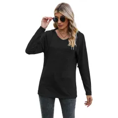 Solid Color And V-neck Hooded Long-sleeved Casual Bottoming T-shirt - Black - View 1