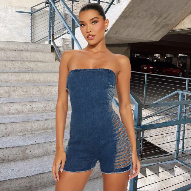Chest Hugging Stretchy Denim Washed Jumpsuit Blue - Shop at LoveMi