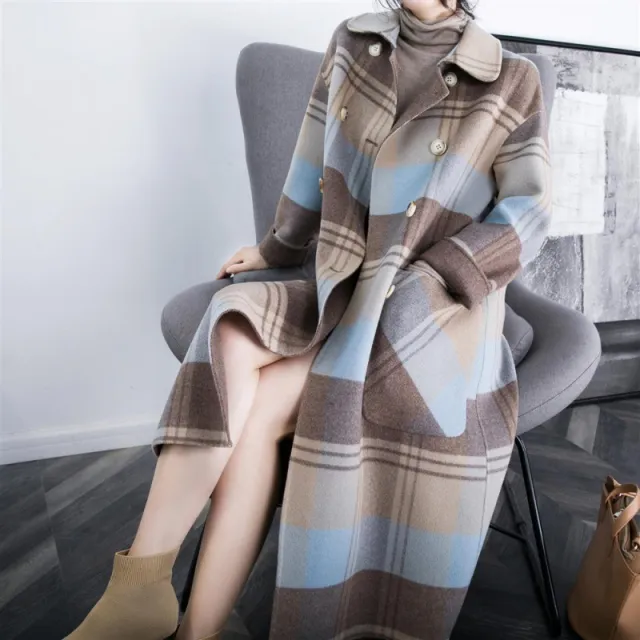 Checkered Wool Women's Knee High Double Breasted Large Pocket Loose Jacket - Shop at LoveMi