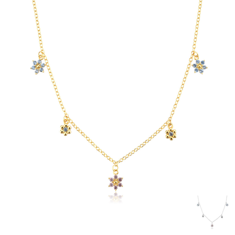 S925 Sterling Silver Flower DOCARE Zirconium Blue Bead Necklace