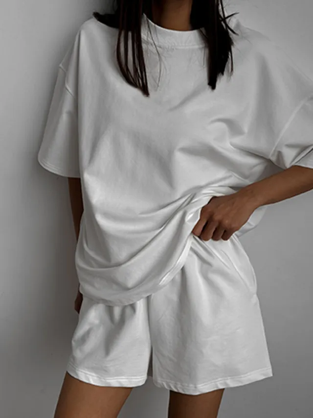 Casual Short Sleeve Crew Neck Top And Shorts Two Piece Set White - Shop at LoveMi