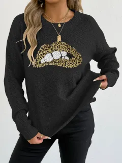 Female Leopard Print Embroidered Sequins Lips Personality Crew Neck Pullover Sweater - Black - View 1