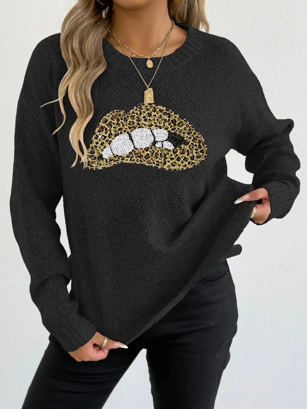Female Leopard Print Embroidered Sequins Lips Personality Crew Neck Pullover Sweater - Black