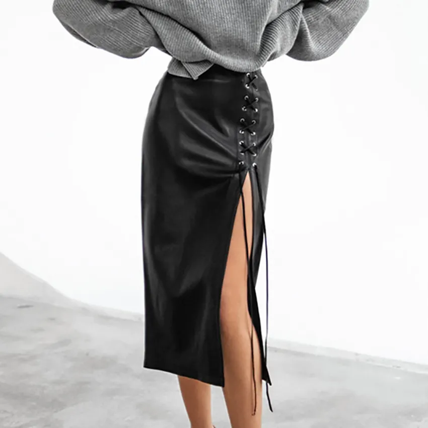 Punk Lace-up Black PU Leather Skirt Women - Black