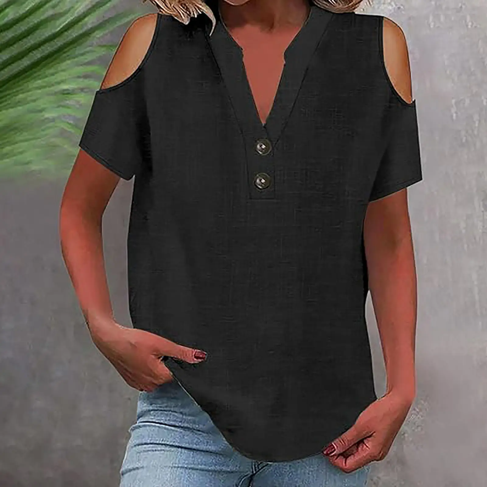 Solid-color Stand-up Collar Buttoned Off-shoulder Short-sleeve Shirt