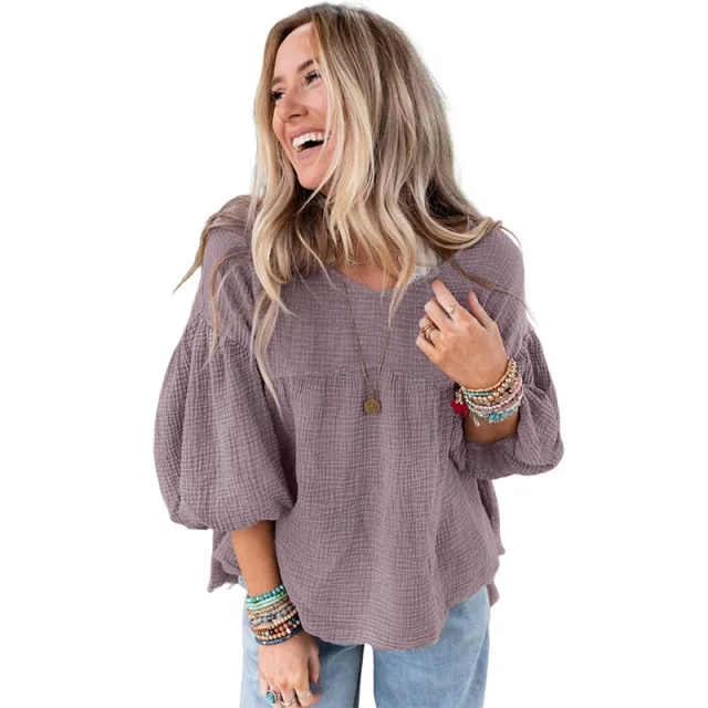 Women's Fashion Loose Pullover Puff Sleeve Top Gray - Shop at LoveMi