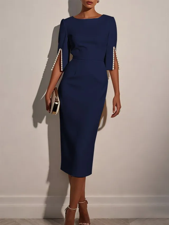 Women's Beaded Elegant Workplace Dress Navy - Shop at LoveMi