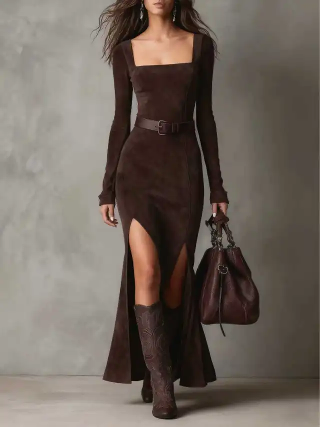 Zipper Square neck Slit Maxi Dress Dark Brown - Shop at LoveMi