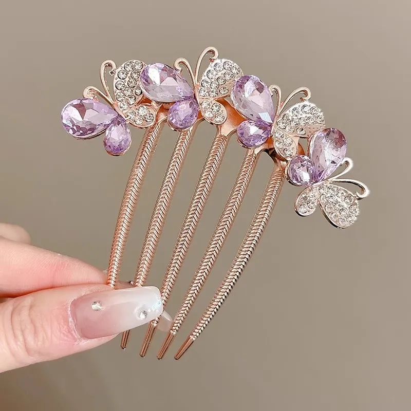 Rhinestone Butterfly Insert Comb For Updo Barrettes - Purple
