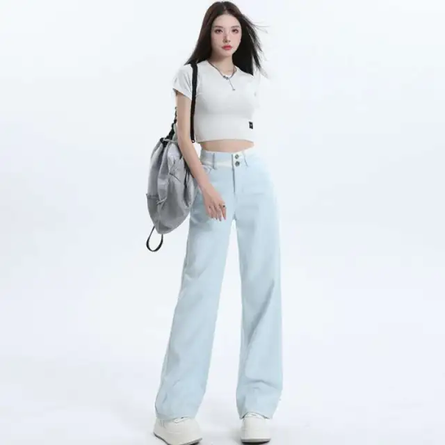 Women's All match Casual Straight leg Wide leg Jeans Blue Trousers - Shop at LoveMi