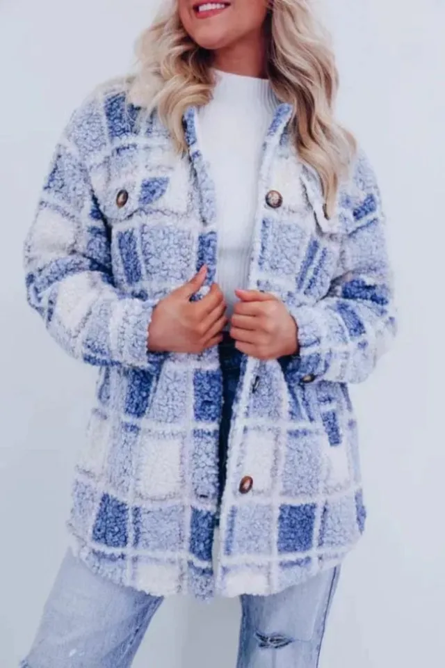 Winter Multicolor Plaid Warm Polo Collar Jacket Women's Fashion All match Long sleeved Coat Women Blue - Shop at LoveMi
