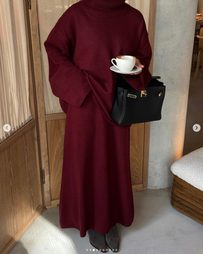 Loose Long Turtleneck Sweater Dress Dark Red - Shop at LoveMi