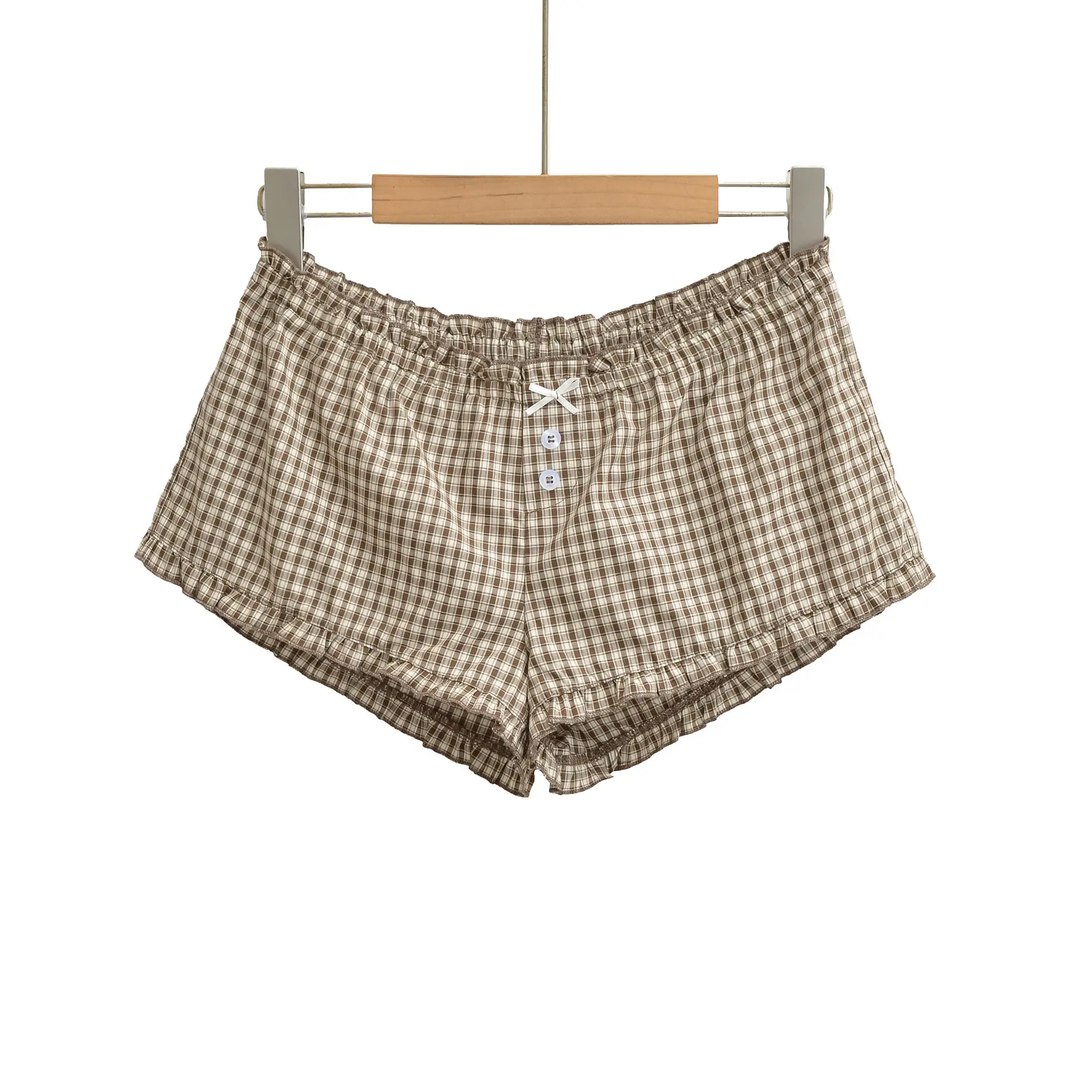 Retro Plaid Ruffled Hem Outerwear Womens Fashionable Slimming Shorts