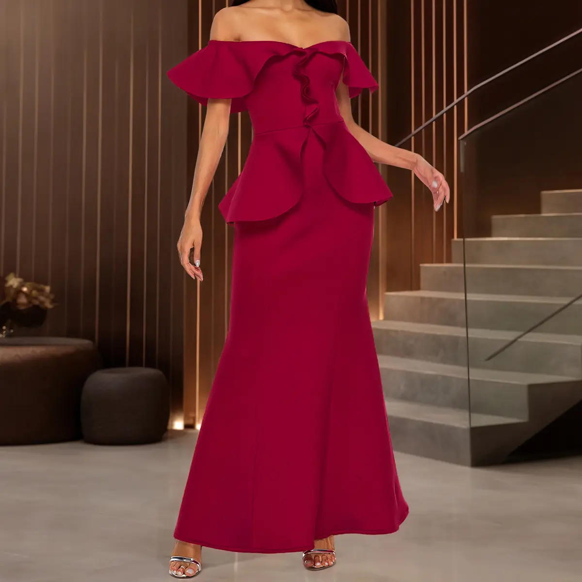 Strapless Ruffled Off-the-shoulder Dress Fishtail