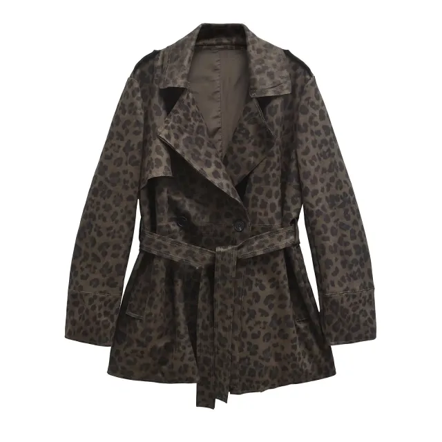 Women's Leopard Print Lapel Closing Belt Long Sleeve Coat Brown - Shop at LoveMi