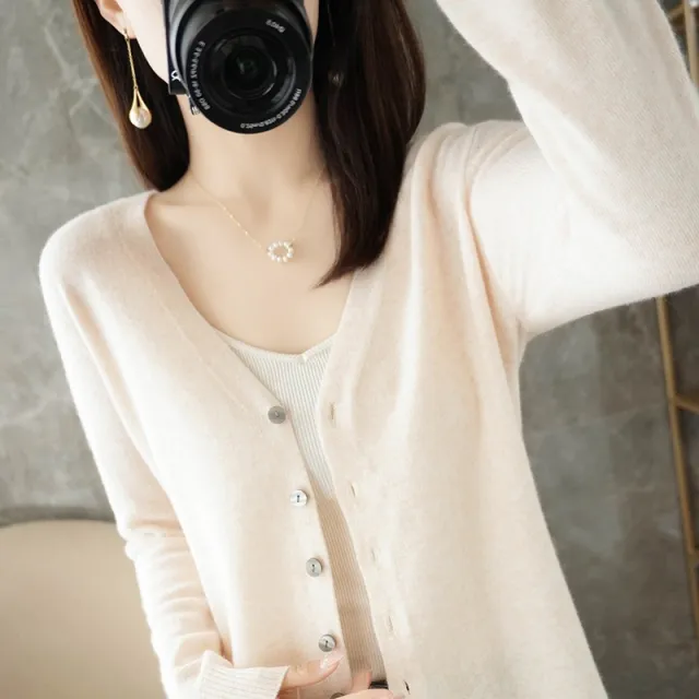Women's Cardigan V neck All matching Sweater Outer Tops Long Sleeve Sweater Coat Beige - Shop at LoveMi