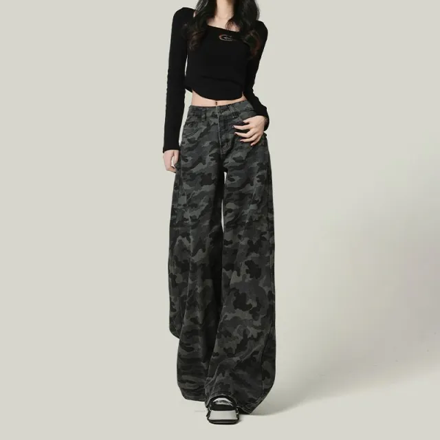 Women's American style Wide leg Camouflage Jeans 7724 Camouflage - Shop at LoveMi