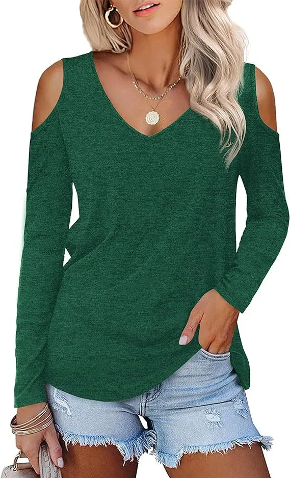 Off the shoulder Women's Solid Color Long Sleeve V neck Formal Casual Top Summer Green - Shop at LoveMi