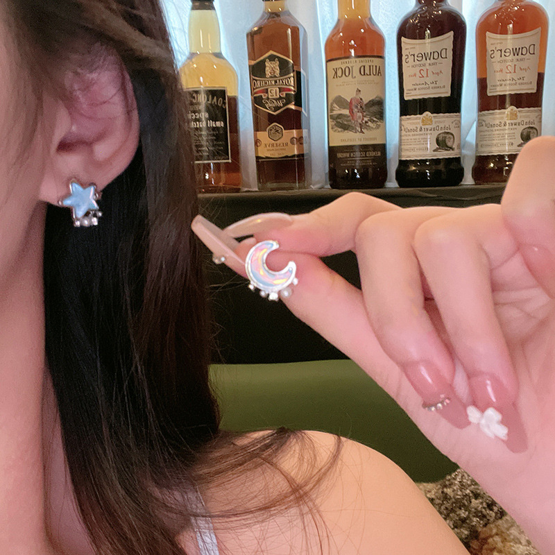 Blue Star Moon Pearl Stud Earrings Female Niche Design Temperament Personality