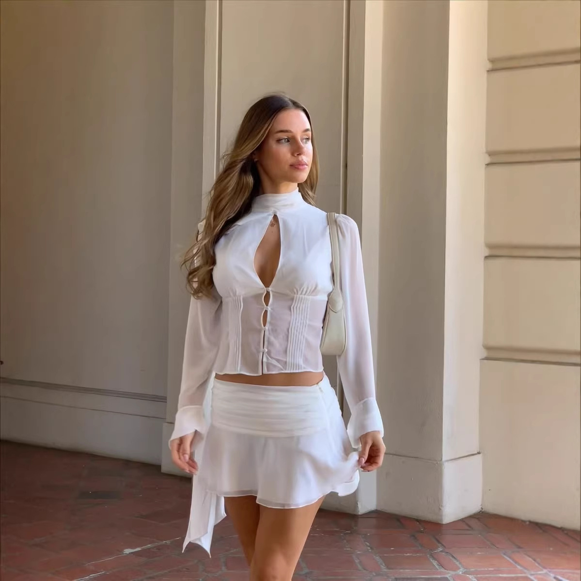 Womens Buttoned Hollow-Out Ribbon Top And Skirt Combo