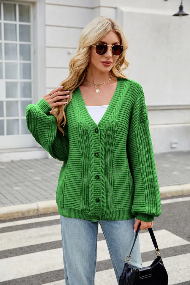 Women's Loose Long sleeved V neck Twisted Knitted Sweater Coat Green - Shop at LoveMi
