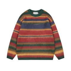 Women's American-style Contrast Striped Round Neck Sweater Autumn - Green - View 1