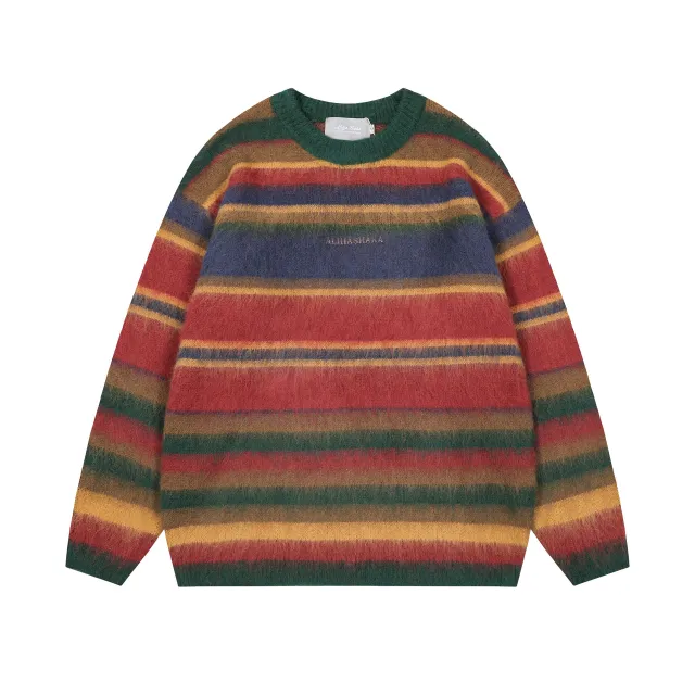 Women's American style Contrast Striped Round Neck Sweater Autumn Green - Shop at LoveMi