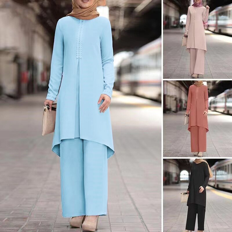 Solid Color Long Sleeve Lace Placket Round Neck Top And Trousers Suit