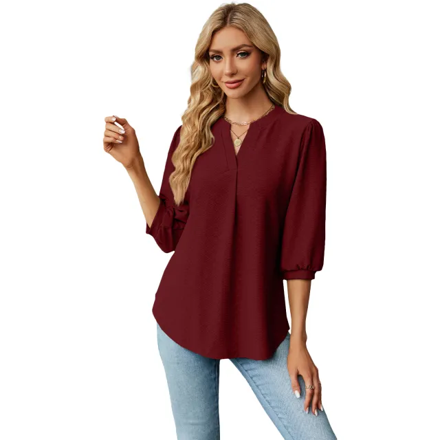 Solid Color Lace Collar Jacquard Long Sleeve Loose fitting T shirt Top Wine - Shop at LoveMi